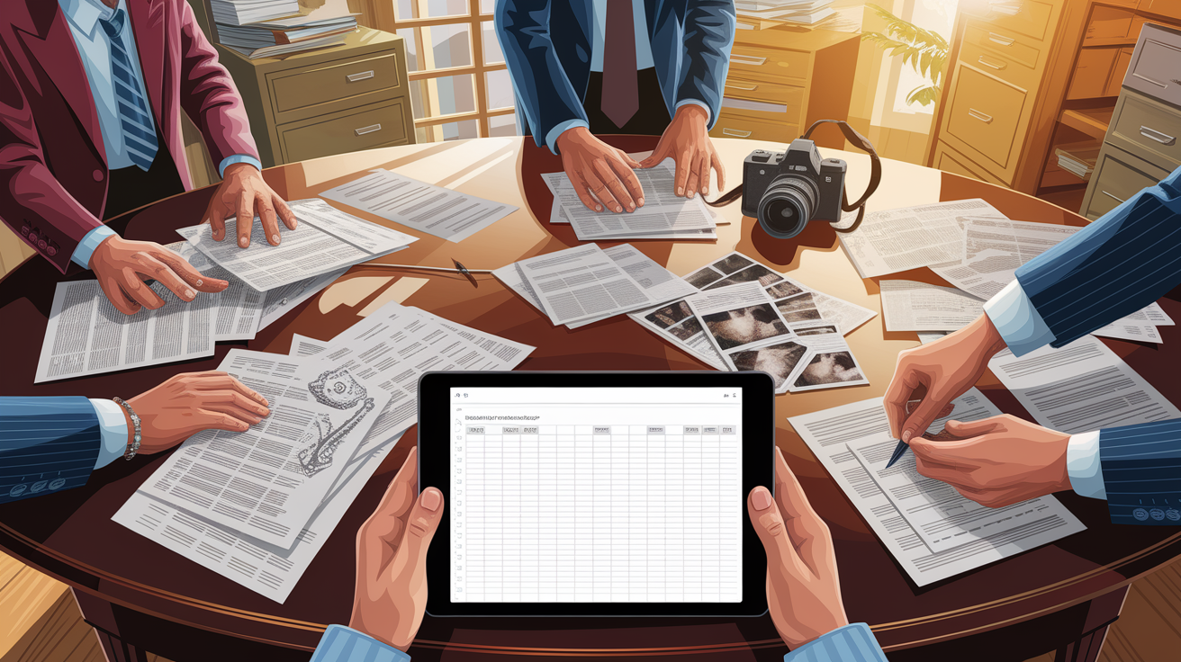 A conceptual illustration representing Preparing Your Claim: Documenting Losses and Gathering Evidence. Visualize the main ideas: . Creative but clear representation of the concept. Style: photorealistic. high quality, detailed, professional, clean composition, good lighting, sharp focus, well-composed. high quality, professional, detailed, well-composed