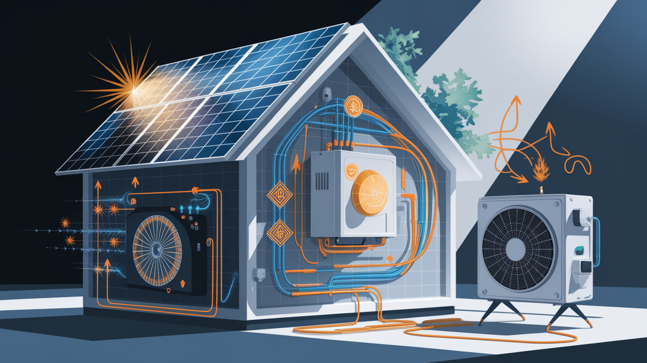 A conceptual illustration representing How Solar-Powered HVAC Systems Work. Visualize the main ideas: . Creative but clear representation of the concept. Style: Visual Theme: Clean, modern aesthetic with high contrast and vibrant energy. Emphasize the intersect. high quality, detailed, professional, clean composition, good lighting, sharp focus, well-composed. high quality, professional, detailed, well-composed