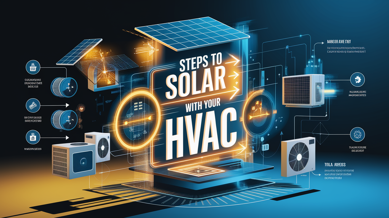 A conceptual illustration representing Steps to Integrate Solar with Your HVAC. Visualize the main ideas: . Creative but clear representation of the concept. Style: Visual Theme: Clean, modern aesthetic with high contrast and vibrant energy. Emphasize the intersect. high quality, detailed, professional, clean composition, good lighting, sharp focus, well-composed. high quality, professional, detailed, well-composed