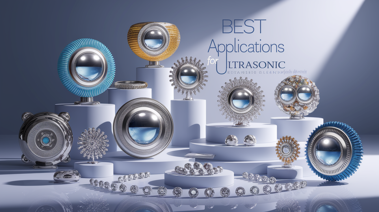A conceptual illustration representing Best Applications for Ultrasonic Cleaning. Visualize the main ideas: . Creative but clear representation of the concept. Style: photorealistic. high quality, detailed, professional, clean composition, good lighting, sharp focus, well-composed. high quality, professional, detailed, well-composed