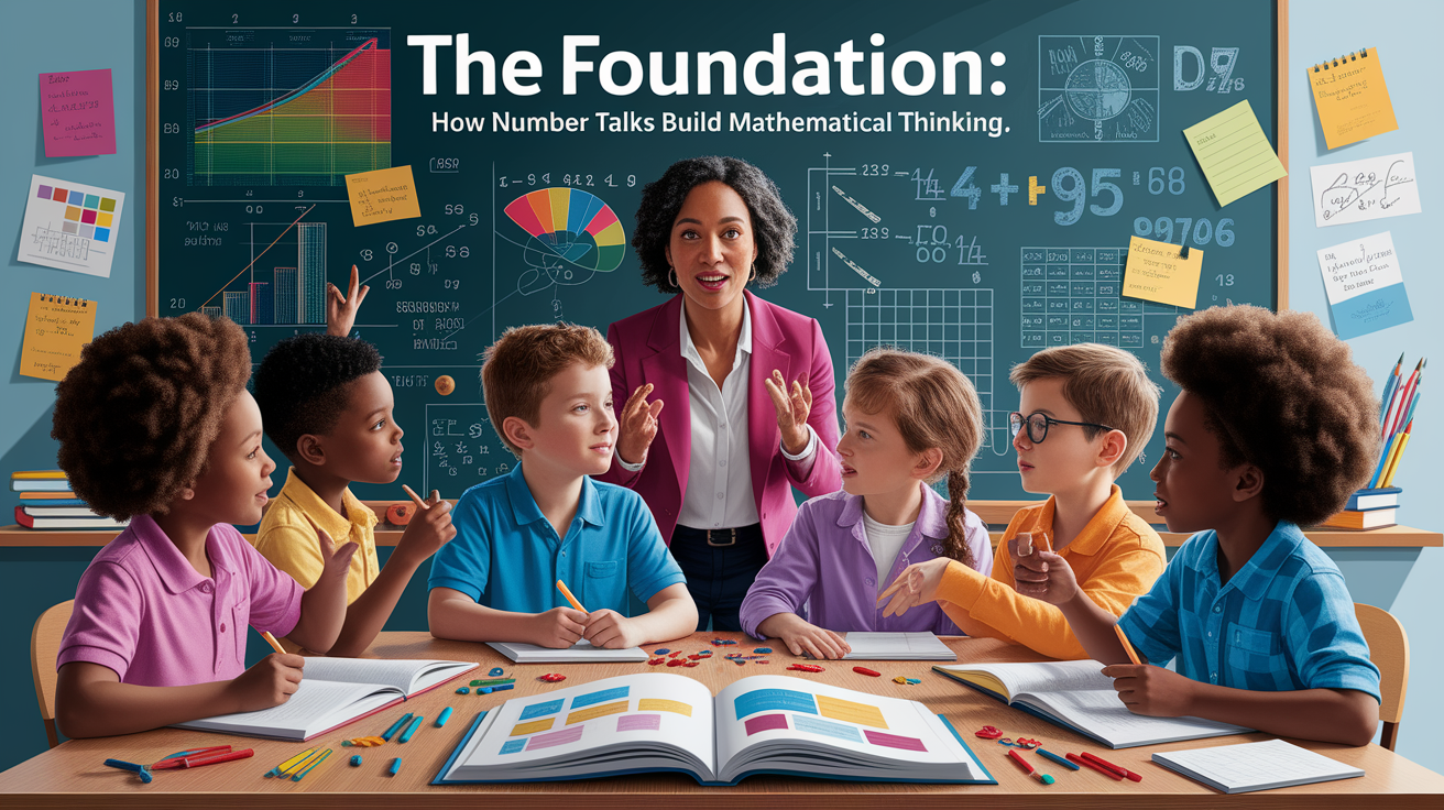 A conceptual illustration representing The Foundation: How Number Talks Build Mathematical Thinking. Visualize the main ideas: . Creative but clear representation of the concept. Style: photorealistic. high quality, detailed, professional, clean composition, good lighting, sharp focus, well-composed. high quality, professional, detailed, well-composed