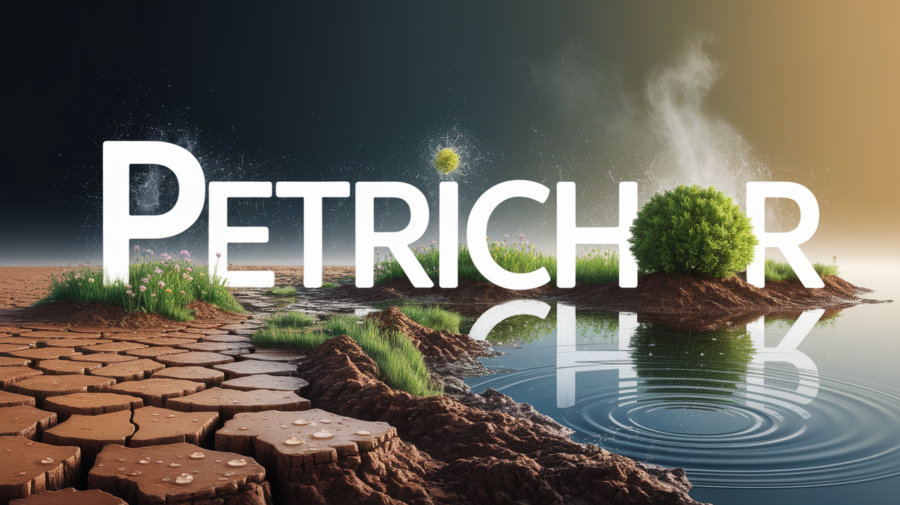 A conceptual illustration representing Uncovering the Term Petrichor. Visualize the main ideas: . Creative but clear representation of the concept. Style: photorealistic. high quality, detailed, professional, clean composition, good lighting, sharp focus, well-composed. high quality, professional, detailed, well-composed