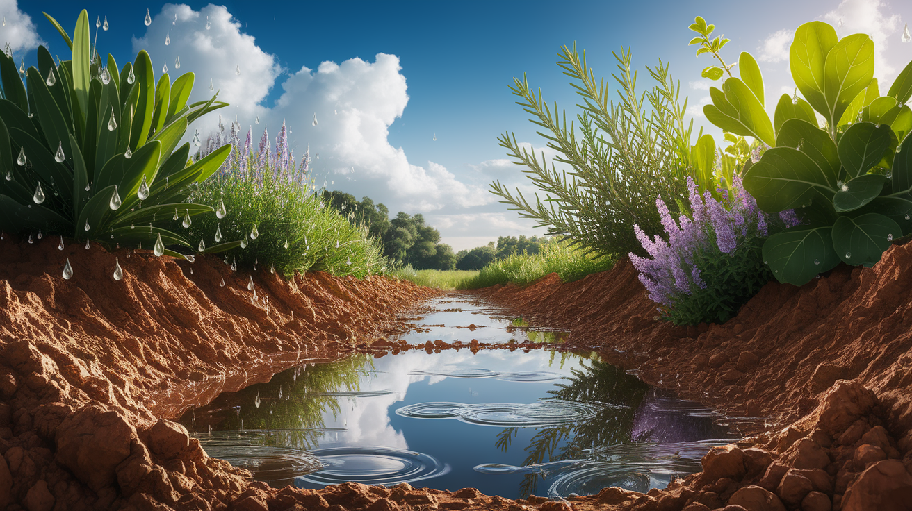 A conceptual illustration representing The Ingredients of Petrichor. Visualize the main ideas: . Creative but clear representation of the concept. Style: photorealistic. high quality, detailed, professional, clean composition, good lighting, sharp focus, well-composed. high quality, professional, detailed, well-composed