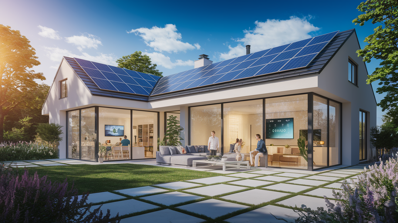 A realistic scene or environment setting for Sunshine Synergy: Powering Your Home Automation with Solar. Include  in a natural, contextual setting. Show real-world application or usage. Style: Visual Theme: Clean, modern aesthetic with high contrast and vibrant energy. Emphasize the intersect. high quality, detailed, professional, clean composition, good lighting, sharp focus, well-composed. high quality, professional, detailed, well-composed