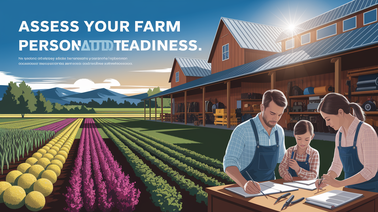 A conceptual illustration representing Assess Your Farm and Personal Readiness. Visualize the main ideas: . Creative but clear representation of the concept. Style: photorealistic. high quality, detailed, professional, clean composition, good lighting, sharp focus, well-composed. high quality, professional, detailed, well-composed