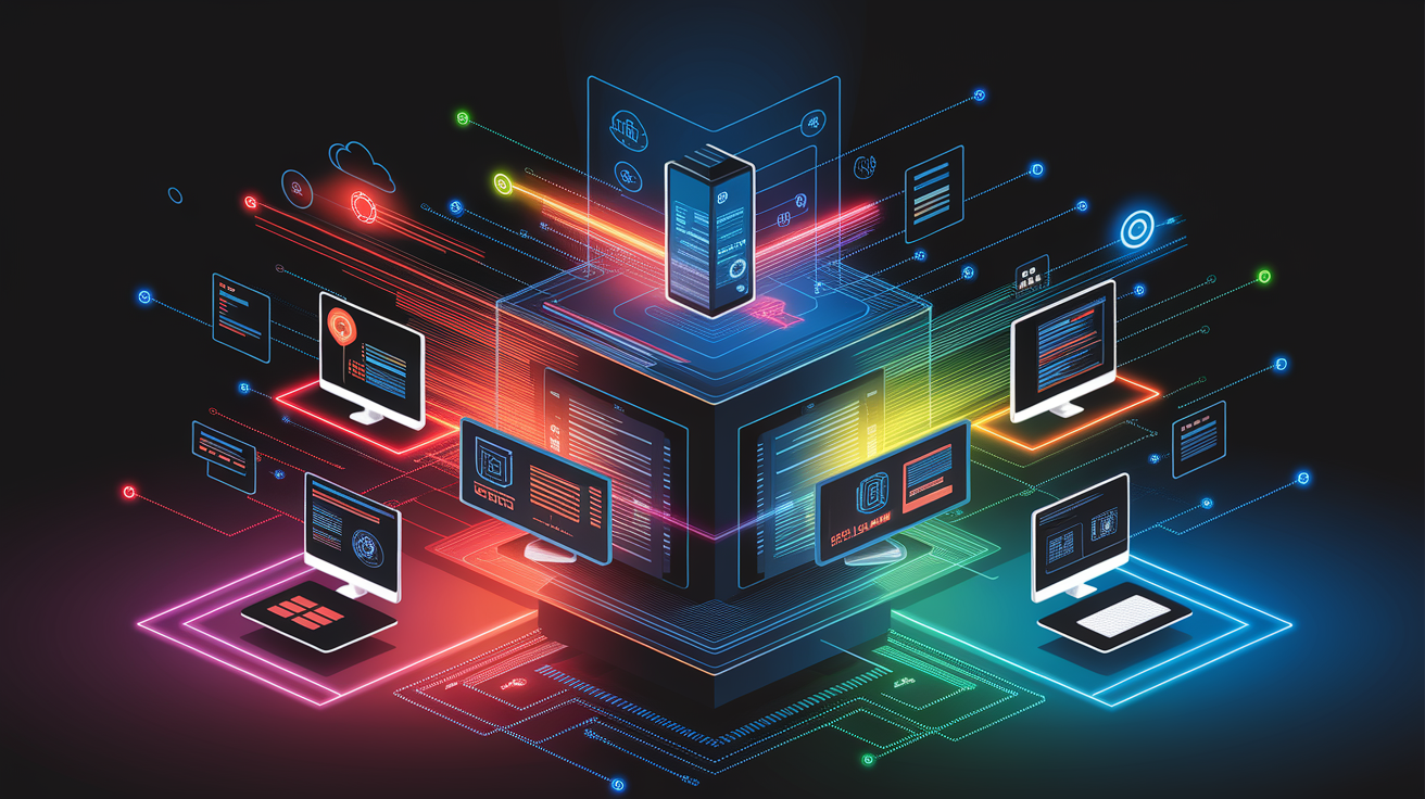 A conceptual illustration representing Communication Protocols and Platform Compatibility. Visualize the main ideas: . Creative but clear representation of the concept. Style: Visual Theme: Clean, modern aesthetic with high contrast and vibrant energy. Emphasize the intersect. high quality, detailed, professional, clean composition, good lighting, sharp focus, well-composed. high quality, professional, detailed, well-composed