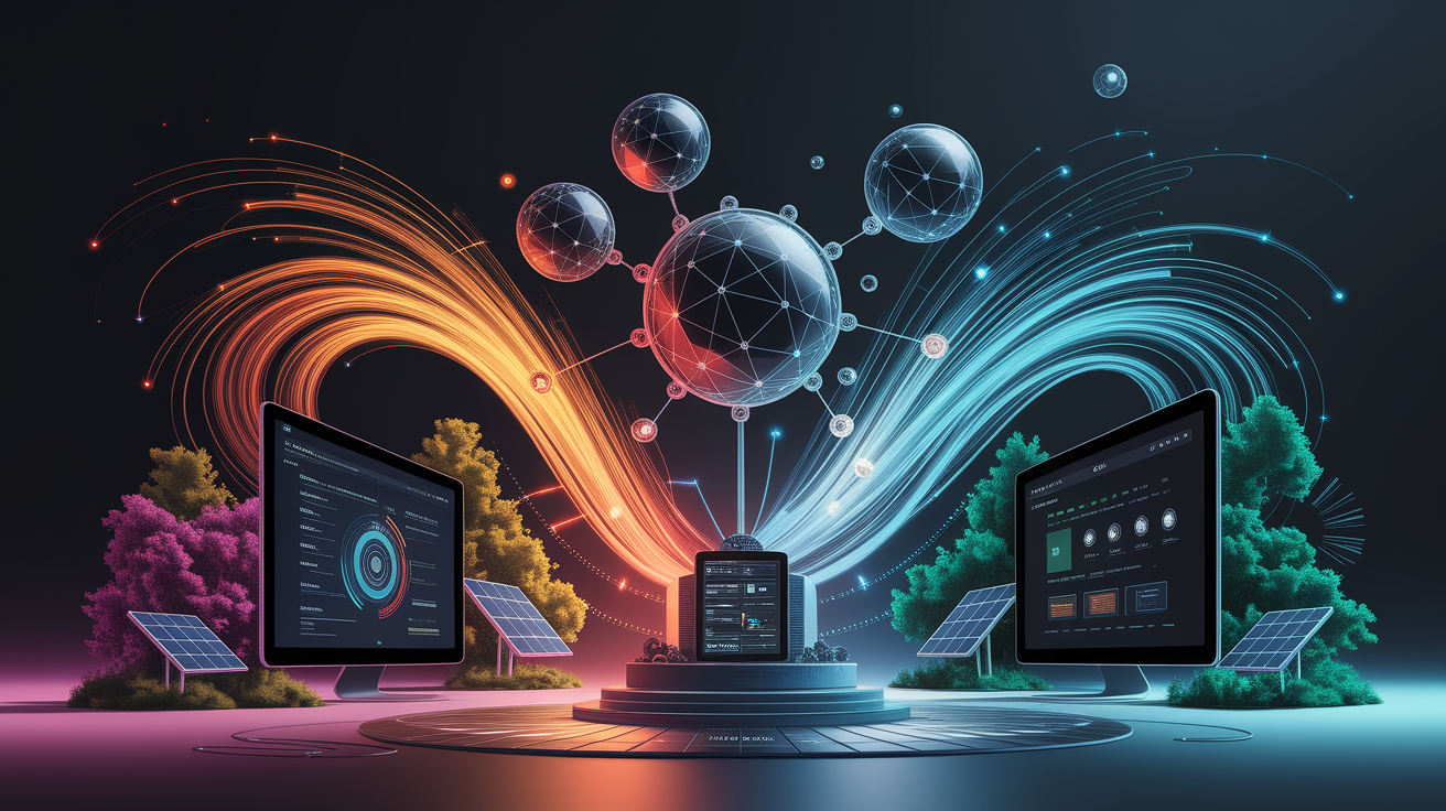 A conceptual illustration representing Designing Automation Workflows for Energy Efficiency. Visualize the main ideas: . Creative but clear representation of the concept. Style: Visual Theme: Clean, modern aesthetic with high contrast and vibrant energy. Emphasize the intersect. high quality, detailed, professional, clean composition, good lighting, sharp focus, well-composed. high quality, professional, detailed, well-composed