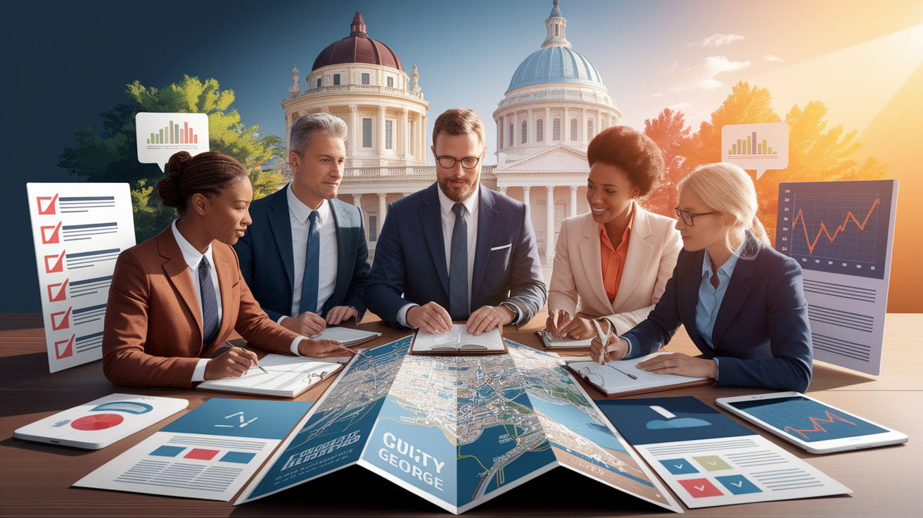 A conceptual illustration representing Navigate St. George Regulations and Compliance. Visualize the main ideas: . Creative but clear representation of the concept. Style: photorealistic. high quality, detailed, professional, clean composition, good lighting, sharp focus, well-composed. high quality, professional, detailed, well-composed