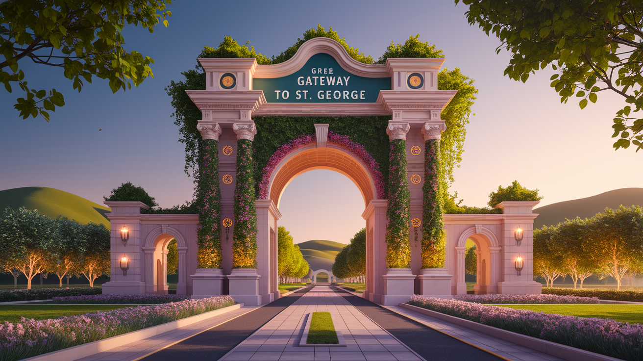 A conceptual illustration representing The Green Gateway to St. George. Visualize the main ideas: . Creative but clear representation of the concept. Style: photorealistic. high quality, detailed, professional, clean composition, good lighting, sharp focus, well-composed. high quality, professional, detailed, well-composed