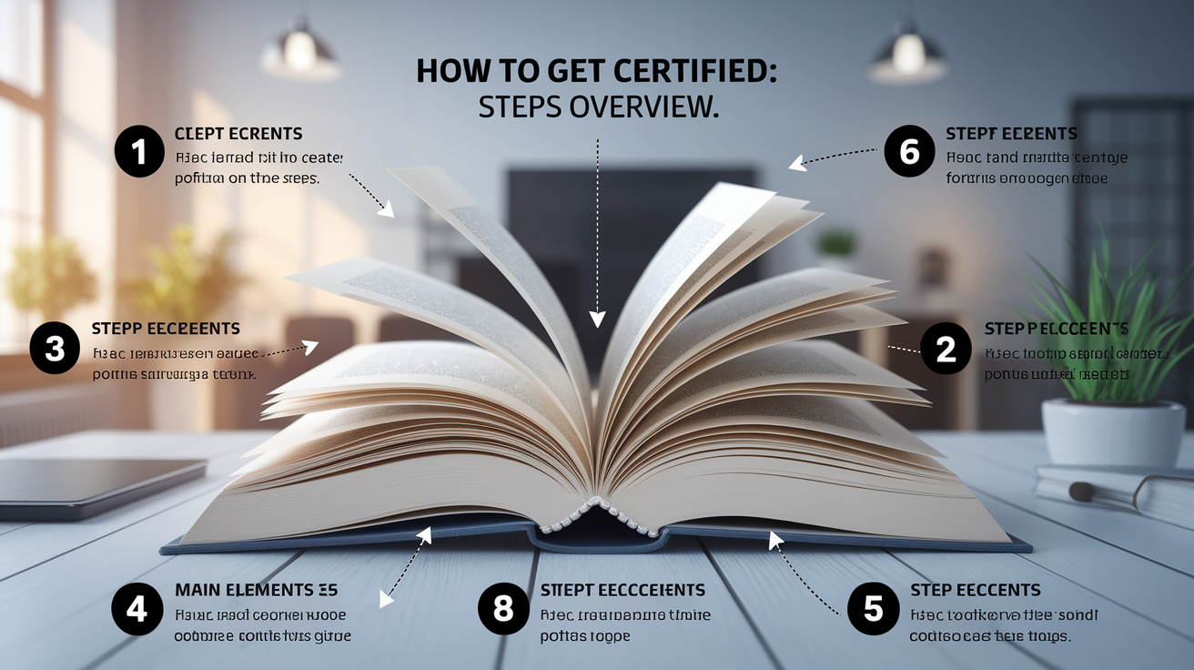 A clear, step-by-step visual illustration showing How to Get Certified: Steps Overview. Focus on . Include visual elements like arrows, numbered steps, or sequential flow. Professional and instructional style. Style: photorealistic. high quality, detailed, professional, clean composition, good lighting, sharp focus, well-composed. high quality, professional, detailed, well-composed
