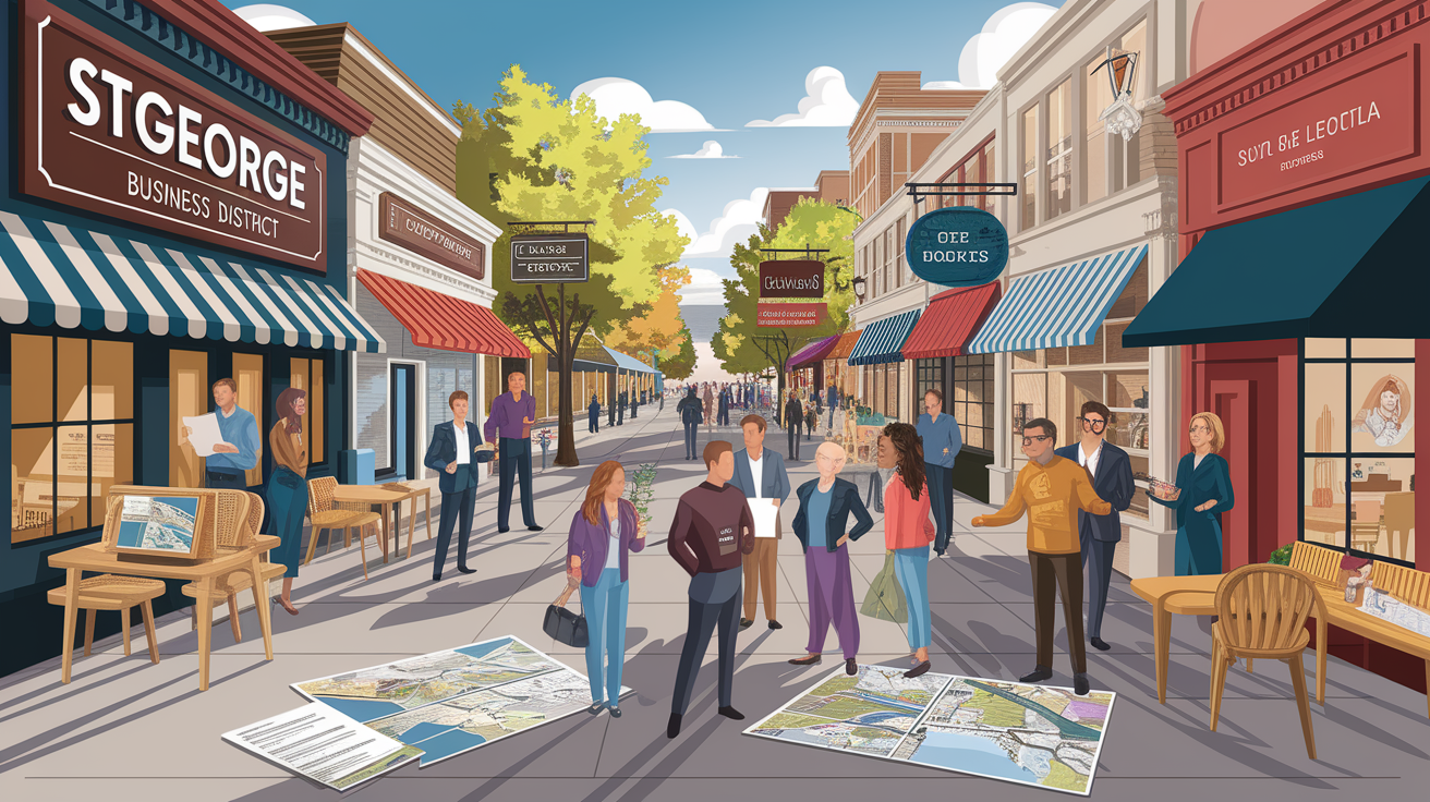 A conceptual illustration representing Support and Resources for St. George Businesses. Visualize the main ideas: . Creative but clear representation of the concept. Style: photorealistic. high quality, detailed, professional, clean composition, good lighting, sharp focus, well-composed. high quality, professional, detailed, well-composed