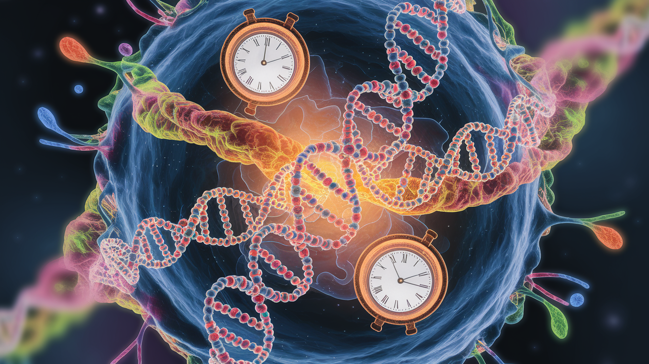 A conceptual illustration representing The Molecular Ticker: Clock Genes at Work. Visualize the main ideas: . Creative but clear representation of the concept. Style: photorealistic. high quality, detailed, professional, clean composition, good lighting, sharp focus, well-composed. high quality, professional, detailed, well-composed