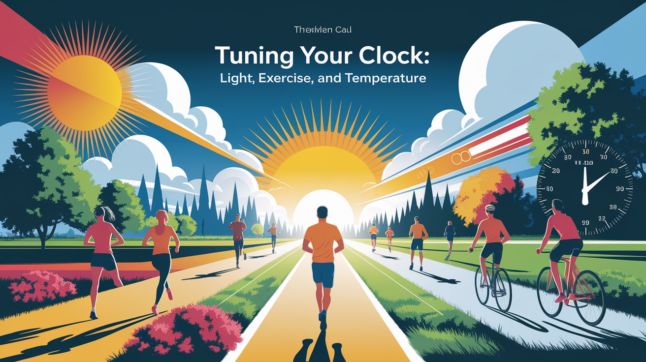 A conceptual illustration representing Tuning Your Clock: Light, Exercise, and Temperature. Visualize the main ideas: . Creative but clear representation of the concept. Style: photorealistic. high quality, detailed, professional, clean composition, good lighting, sharp focus, well-composed. high quality, professional, detailed, well-composed