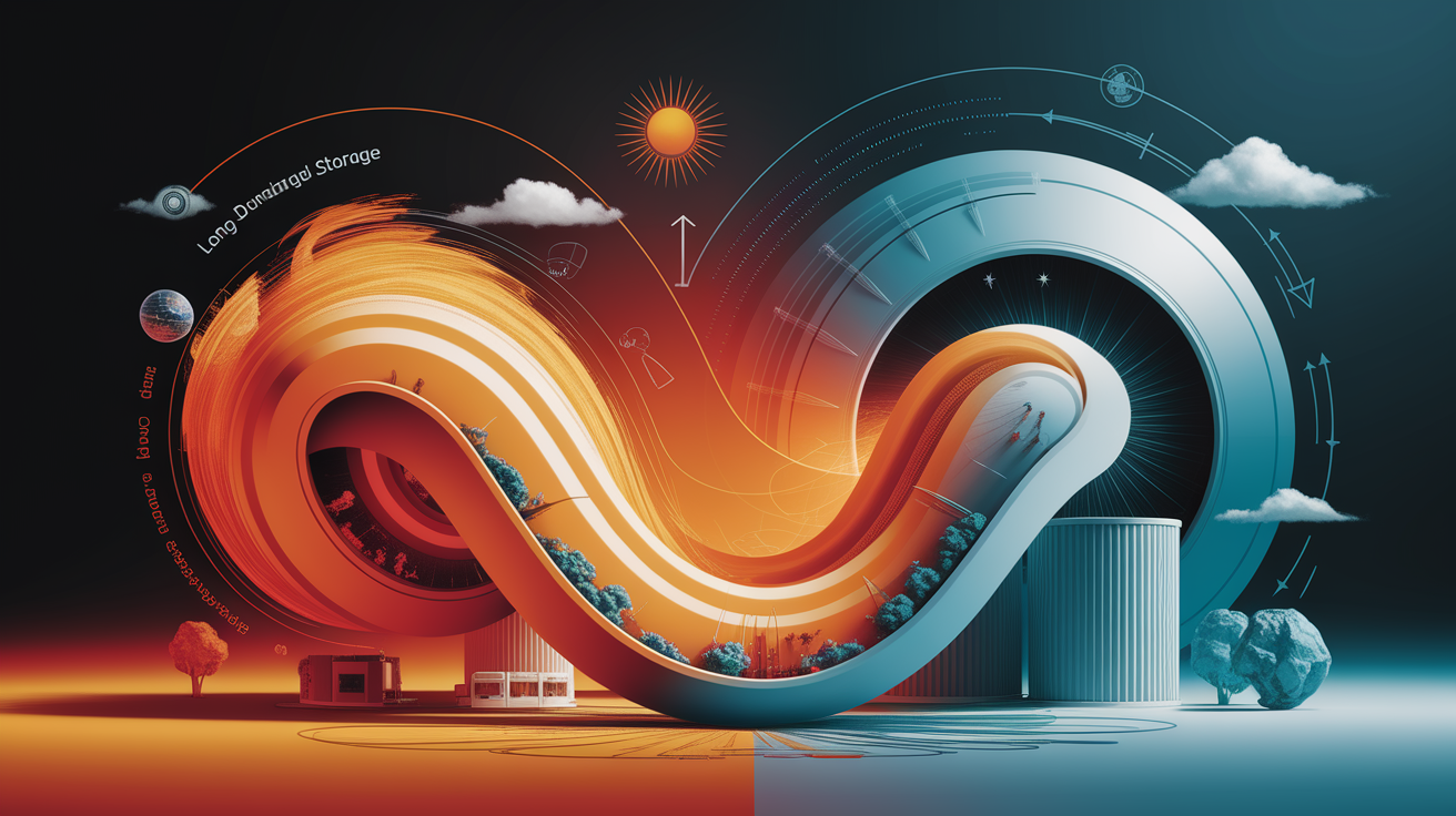 A conceptual illustration representing Benefits of Long-Duration Thermal Storage. Visualize the main ideas: . Creative but clear representation of the concept. Style: Visual Theme: Clean, modern aesthetic with high contrast and vibrant energy. Emphasize the intersect. high quality, detailed, professional, clean composition, good lighting, sharp focus, well-composed. high quality, professional, detailed, well-composed