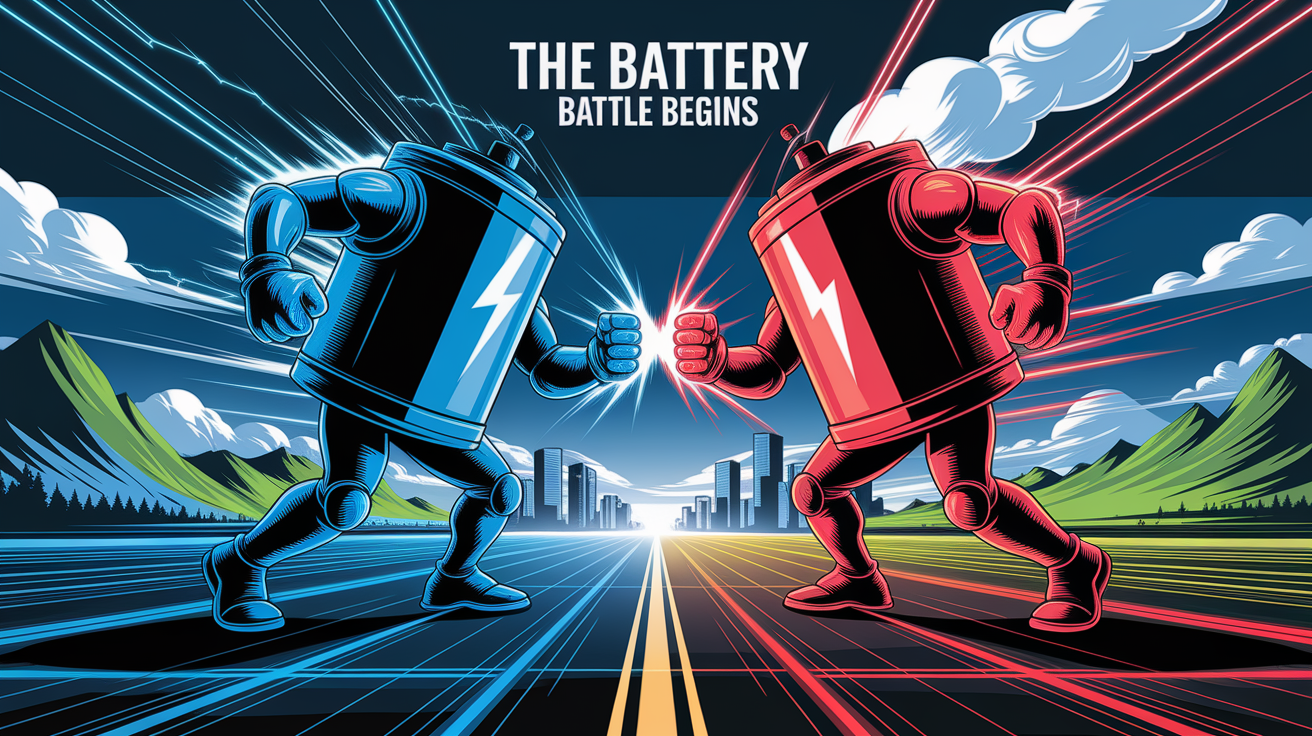 A conceptual illustration representing Introduction - The Battery Battle Begins. Visualize the main ideas: . Creative but clear representation of the concept. Style: Visual Theme: Clean, modern aesthetic with high contrast and vibrant energy. Emphasize the intersect. high quality, detailed, professional, clean composition, good lighting, sharp focus, well-composed. high quality, professional, detailed, well-composed