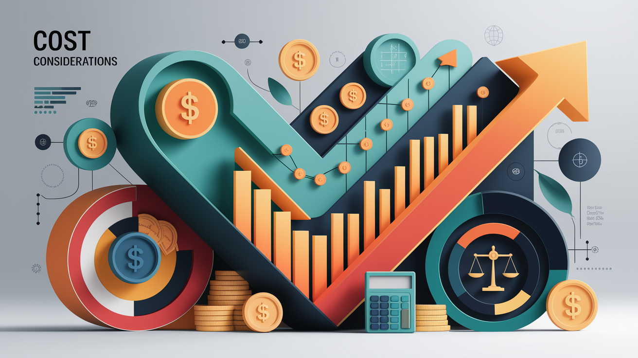 A conceptual illustration representing Cost Considerations. Visualize the main ideas: . Creative but clear representation of the concept. Style: Visual Theme: Clean, modern aesthetic with high contrast and vibrant energy. Emphasize the intersect. high quality, detailed, professional, clean composition, good lighting, sharp focus, well-composed. high quality, professional, detailed, well-composed