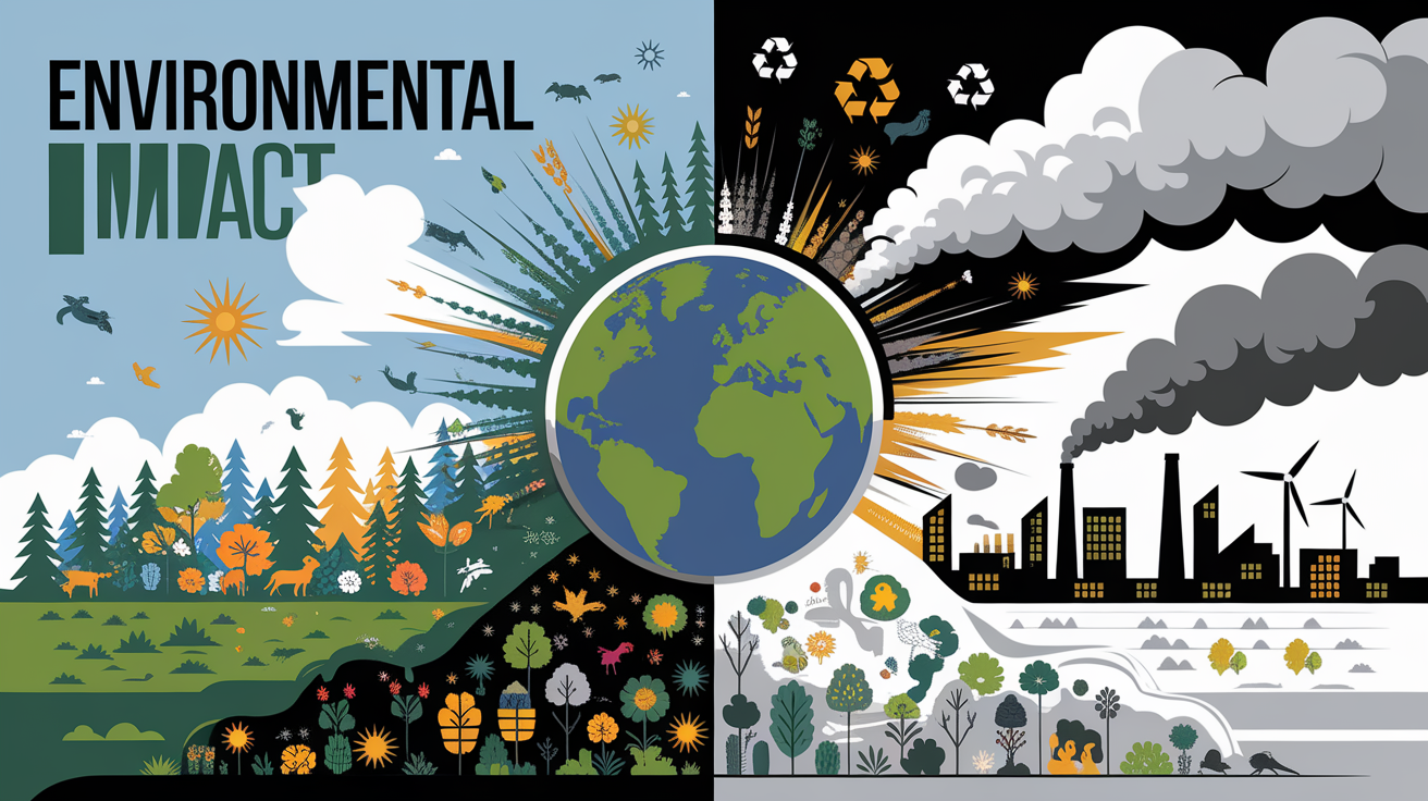 A conceptual illustration representing Environmental Impact. Visualize the main ideas: . Creative but clear representation of the concept. Style: Visual Theme: Clean, modern aesthetic with high contrast and vibrant energy. Emphasize the intersect. high quality, detailed, professional, clean composition, good lighting, sharp focus, well-composed. high quality, professional, detailed, well-composed