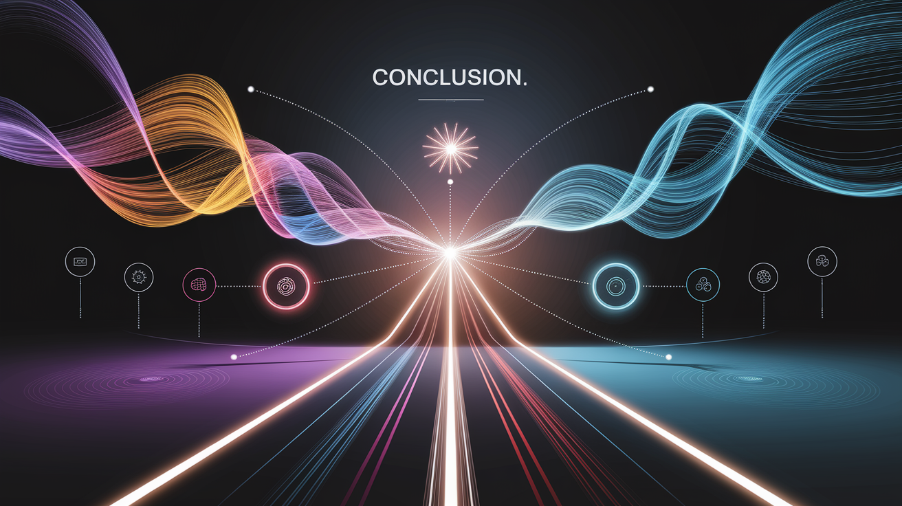 A conceptual illustration representing Conclusion. Visualize the main ideas: . Creative but clear representation of the concept. Style: Visual Theme: Clean, modern aesthetic with high contrast and vibrant energy. Emphasize the intersect. high quality, detailed, professional, clean composition, good lighting, sharp focus, well-composed. high quality, professional, detailed, well-composed