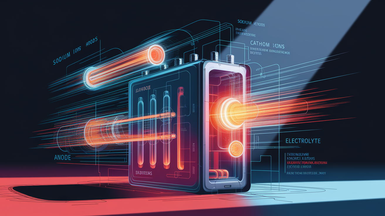 A conceptual illustration representing How Sodium Ion Batteries Work. Visualize the main ideas: . Creative but clear representation of the concept. Style: Visual Theme: Clean, modern aesthetic with high contrast and vibrant energy. Emphasize the intersect. high quality, detailed, professional, clean composition, good lighting, sharp focus, well-composed. high quality, professional, detailed, well-composed