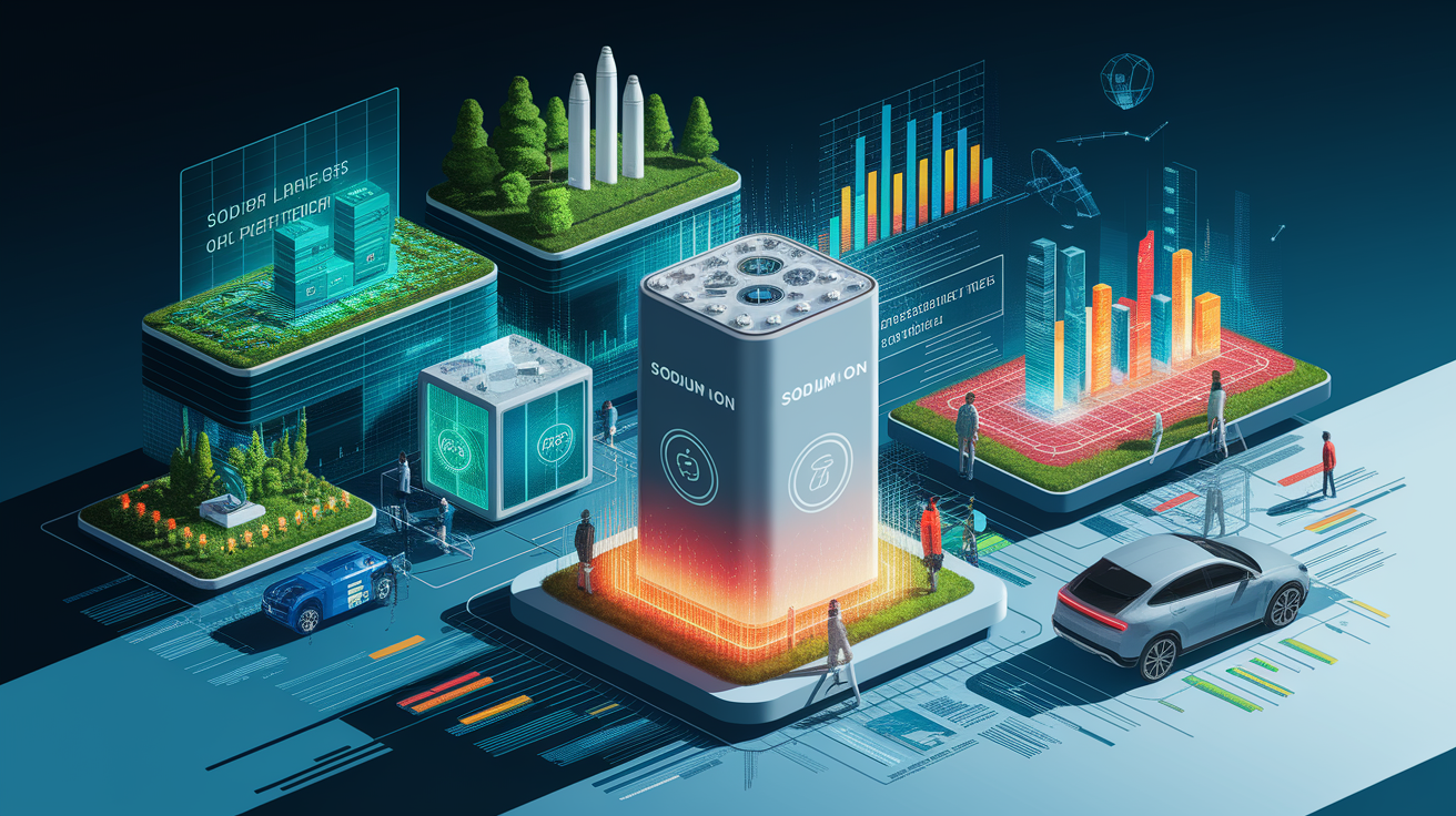 A conceptual illustration representing Applications and Potential of Sodium Ion Batteries. Visualize the main ideas: . Creative but clear representation of the concept. Style: Visual Theme: Clean, modern aesthetic with high contrast and vibrant energy. Emphasize the intersect. high quality, detailed, professional, clean composition, good lighting, sharp focus, well-composed. high quality, professional, detailed, well-composed