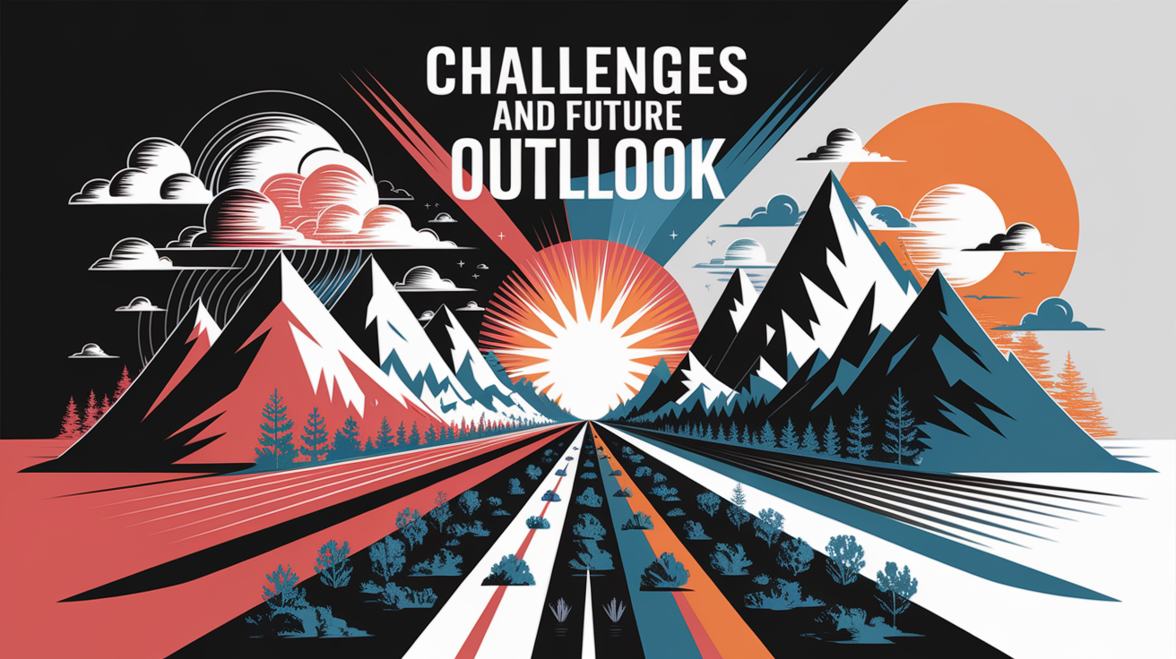 A conceptual illustration representing Challenges and Future Outlook. Visualize the main ideas: . Creative but clear representation of the concept. Style: Visual Theme: Clean, modern aesthetic with high contrast and vibrant energy. Emphasize the intersect. high quality, detailed, professional, clean composition, good lighting, sharp focus, well-composed. high quality, professional, detailed, well-composed