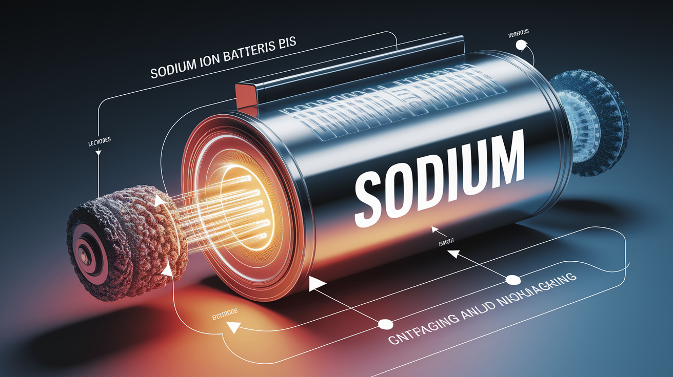 A conceptual illustration representing How Sodium Ion Batteries Work. Visualize the main ideas: . Creative but clear representation of the concept. Style: Visual Theme: Clean, modern aesthetic with high contrast and vibrant energy. Emphasize the intersect. high quality, detailed, professional, clean composition, good lighting, sharp focus, well-composed. high quality, professional, detailed, well-composed
