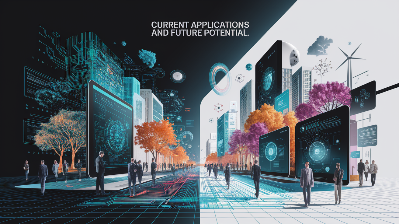 A conceptual illustration representing Current Applications and Future Potential. Visualize the main ideas: . Creative but clear representation of the concept. Style: Visual Theme: Clean, modern aesthetic with high contrast and vibrant energy. Emphasize the intersect. high quality, detailed, professional, clean composition, good lighting, sharp focus, well-composed. high quality, professional, detailed, well-composed
