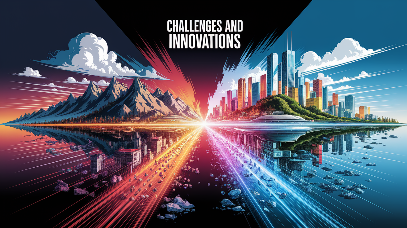 A conceptual illustration representing Challenges and Innovations. Visualize the main ideas: . Creative but clear representation of the concept. Style: Visual Theme: Clean, modern aesthetic with high contrast and vibrant energy. Emphasize the intersect. high quality, detailed, professional, clean composition, good lighting, sharp focus, well-composed. high quality, professional, detailed, well-composed