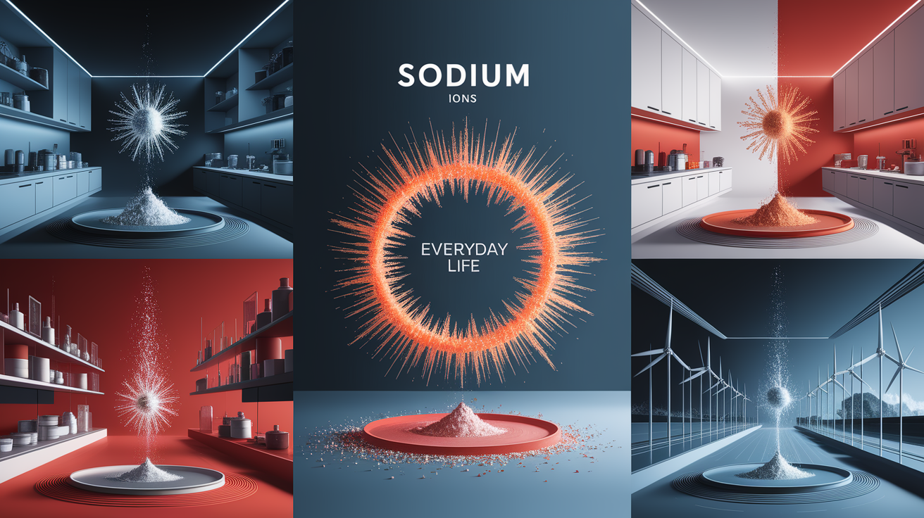 A conceptual illustration representing Sodium Ion in Everyday Life. Visualize the main ideas: . Creative but clear representation of the concept. Style: Visual Theme: Clean, modern aesthetic with high contrast and vibrant energy. Emphasize the intersect. high quality, detailed, professional, clean composition, good lighting, sharp focus, well-composed. high quality, professional, detailed, well-composed