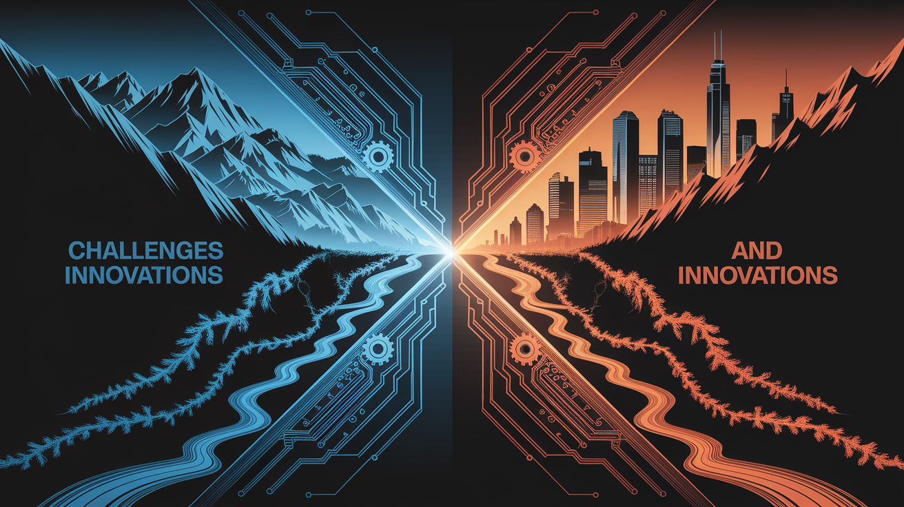 A conceptual illustration representing Challenges and Innovations. Visualize the main ideas: . Creative but clear representation of the concept. Style: Visual Theme: Clean, modern aesthetic with high contrast and vibrant energy. Emphasize the intersect. high quality, detailed, professional, clean composition, good lighting, sharp focus, well-composed. high quality, professional, detailed, well-composed