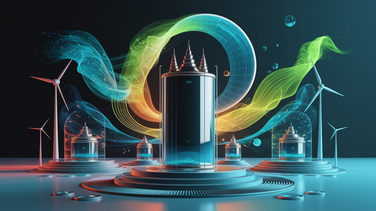 A conceptual illustration representing A New Era in Energy Storage. Visualize the main ideas: . Creative but clear representation of the concept. Style: Visual Theme: Clean, modern aesthetic with high contrast and vibrant energy. Emphasize the intersect. high quality, detailed, professional, clean composition, good lighting, sharp focus, well-composed. high quality, professional, detailed, well-composed