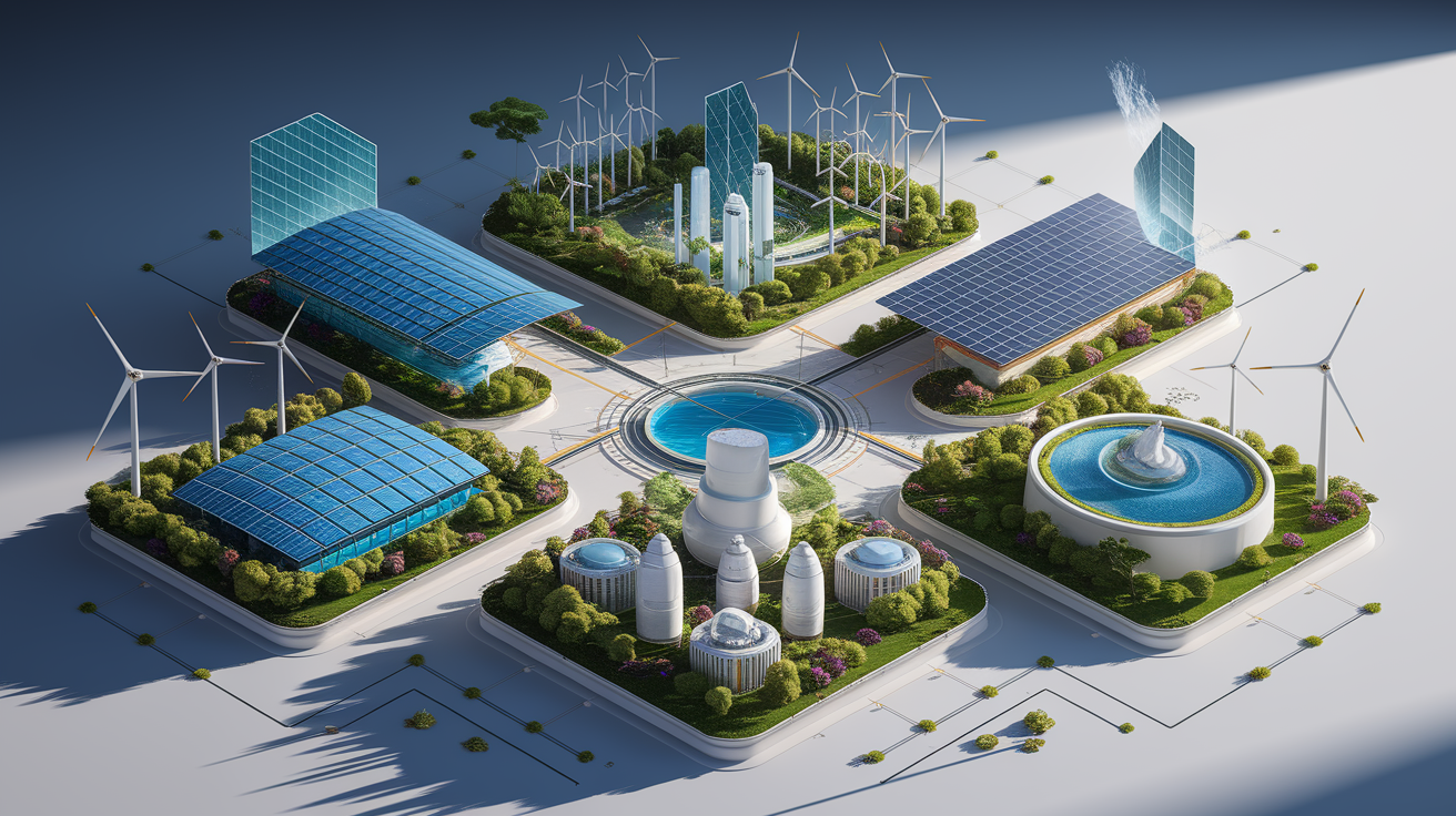 A conceptual illustration representing Renewable Energy Integration. Visualize the main ideas: . Creative but clear representation of the concept. Style: Visual Theme: Clean, modern aesthetic with high contrast and vibrant energy. Emphasize the intersect. high quality, detailed, professional, clean composition, good lighting, sharp focus, well-composed. high quality, professional, detailed, well-composed