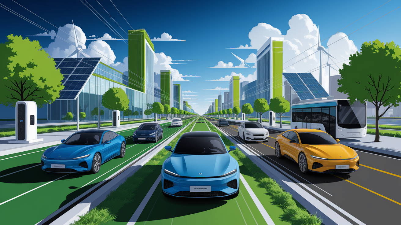 A conceptual illustration representing Electric Vehicles and Transportation. Visualize the main ideas: . Creative but clear representation of the concept. Style: Visual Theme: Clean, modern aesthetic with high contrast and vibrant energy. Emphasize the intersect. high quality, detailed, professional, clean composition, good lighting, sharp focus, well-composed. high quality, professional, detailed, well-composed