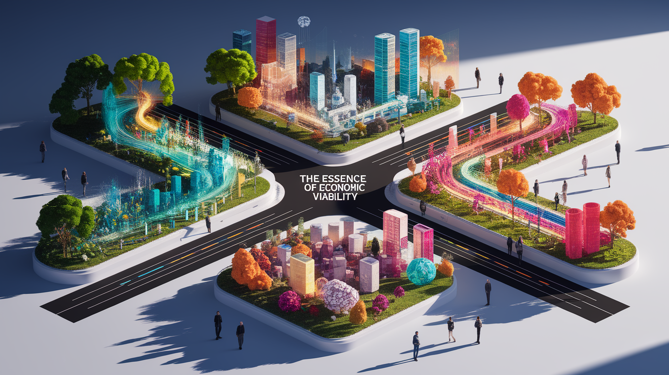 A conceptual illustration representing The Essence of Economic Viability. Visualize the main ideas: . Creative but clear representation of the concept. Style: Visual Theme: Clean, modern aesthetic with high contrast and vibrant energy. Emphasize the intersect. high quality, detailed, professional, clean composition, good lighting, sharp focus, well-composed. high quality, professional, detailed, well-composed