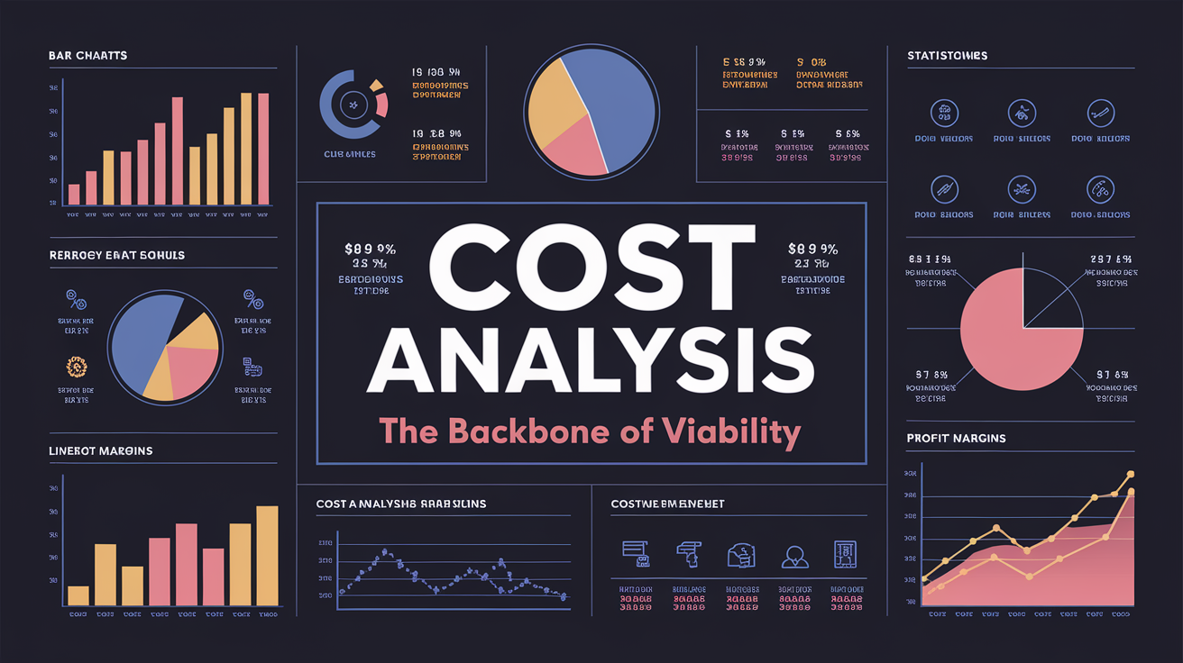 A clean, professional data visualization or infographic related to Cost Analysis: The Backbone of Viability. Include elements like charts, graphs, or statistical representations. Focus on . Style: Visual Theme: Clean, modern aesthetic with high contrast and vibrant energy. Emphasize the intersect. high quality, detailed, professional, clean composition, good lighting, sharp focus, well-composed. high quality, professional, detailed, well-composed