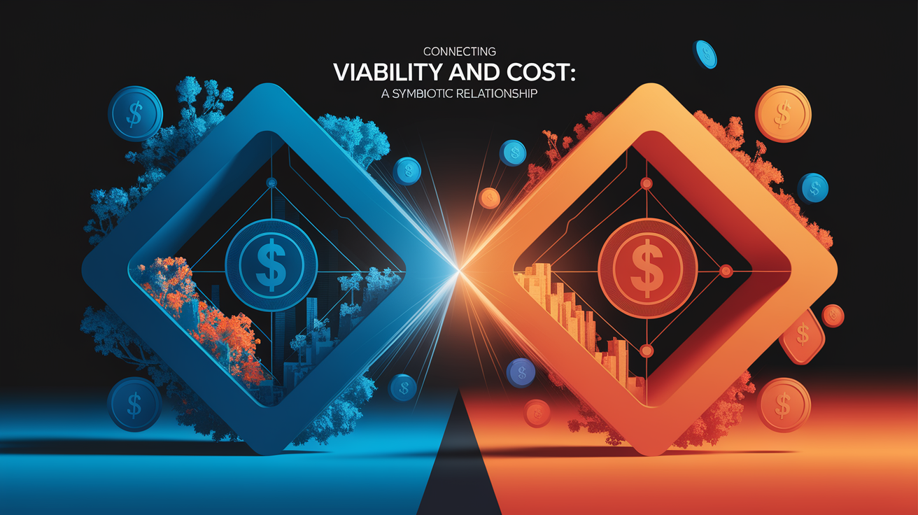 A conceptual illustration representing Connecting Viability and Cost: A Symbiotic Relationship. Visualize the main ideas: . Creative but clear representation of the concept. Style: Visual Theme: Clean, modern aesthetic with high contrast and vibrant energy. Emphasize the intersect. high quality, detailed, professional, clean composition, good lighting, sharp focus, well-composed. high quality, professional, detailed, well-composed