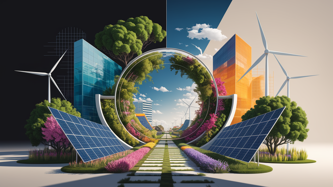 A conceptual illustration representing The Essence of Sustainability. Visualize the main ideas: . Creative but clear representation of the concept. Style: Visual Theme: Clean, modern aesthetic with high contrast and vibrant energy. Emphasize the intersect. high quality, detailed, professional, clean composition, good lighting, sharp focus, well-composed. high quality, professional, detailed, well-composed