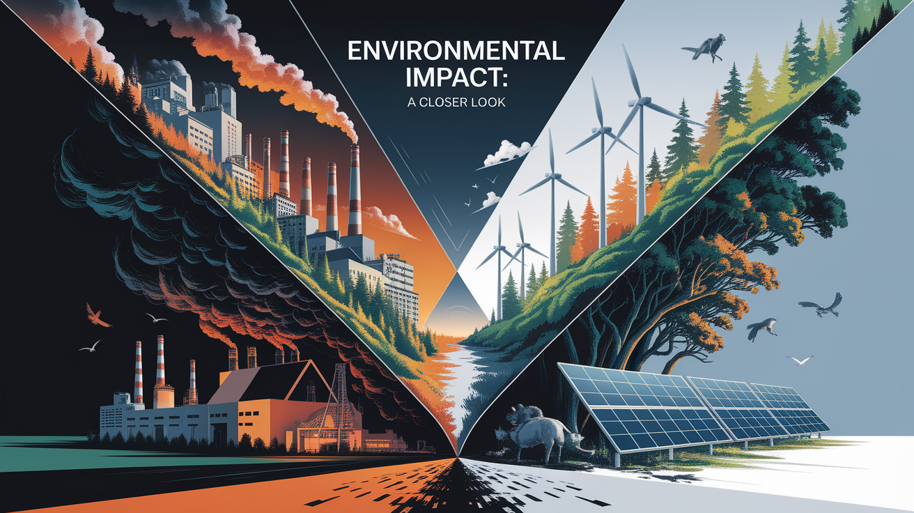 A conceptual illustration representing Environmental Impact: A Closer Look. Visualize the main ideas: . Creative but clear representation of the concept. Style: Visual Theme: Clean, modern aesthetic with high contrast and vibrant energy. Emphasize the intersect. high quality, detailed, professional, clean composition, good lighting, sharp focus, well-composed. high quality, professional, detailed, well-composed