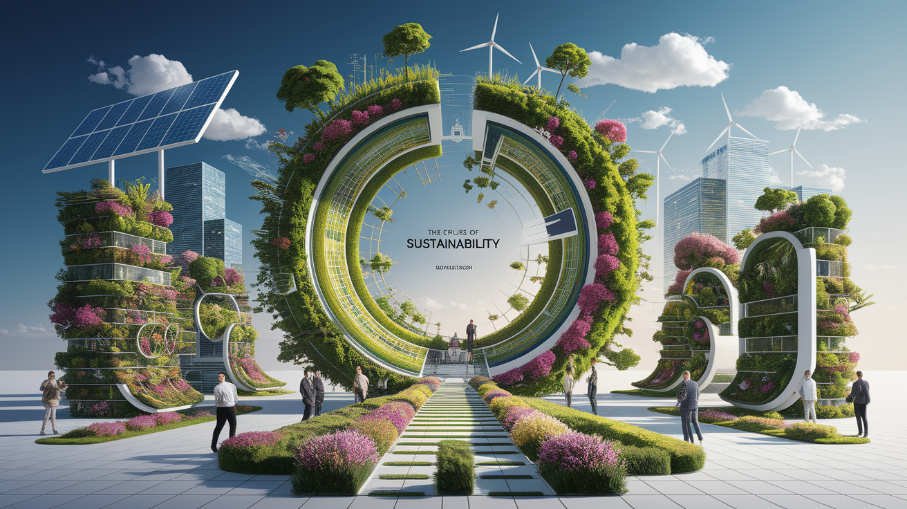 A conceptual illustration representing The Future of Sustainability. Visualize the main ideas: . Creative but clear representation of the concept. Style: Visual Theme: Clean, modern aesthetic with high contrast and vibrant energy. Emphasize the intersect. high quality, detailed, professional, clean composition, good lighting, sharp focus, well-composed. high quality, professional, detailed, well-composed