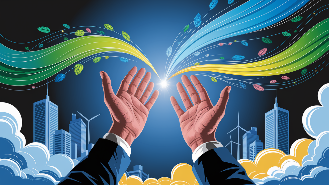 A conceptual illustration representing The Power of Wind at Your Fingertips. Visualize the main ideas: . Creative but clear representation of the concept. Style: Visual Theme: Clean, modern aesthetic with high contrast and vibrant energy. Emphasize the intersect. high quality, detailed, professional, clean composition, good lighting, sharp focus, well-composed. high quality, professional, detailed, well-composed