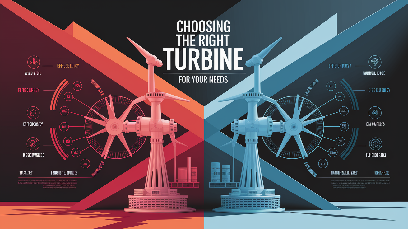 A conceptual illustration representing Choosing the Right Turbine for Your Needs. Visualize the main ideas: . Creative but clear representation of the concept. Style: Visual Theme: Clean, modern aesthetic with high contrast and vibrant energy. Emphasize the intersect. high quality, detailed, professional, clean composition, good lighting, sharp focus, well-composed. high quality, professional, detailed, well-composed