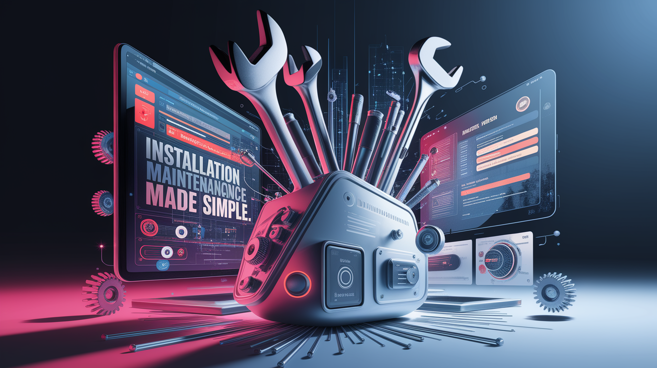 A conceptual illustration representing Installation and Maintenance Made Simple. Visualize the main ideas: . Creative but clear representation of the concept. Style: Visual Theme: Clean, modern aesthetic with high contrast and vibrant energy. Emphasize the intersect. high quality, detailed, professional, clean composition, good lighting, sharp focus, well-composed. high quality, professional, detailed, well-composed