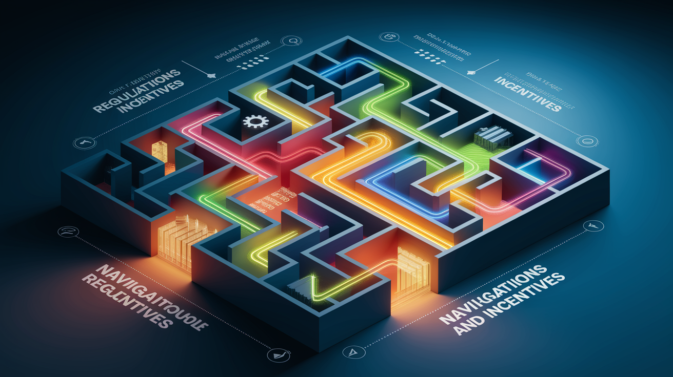 A conceptual illustration representing Navigating Regulations and Incentives. Visualize the main ideas: . Creative but clear representation of the concept. Style: Visual Theme: Clean, modern aesthetic with high contrast and vibrant energy. Emphasize the intersect. high quality, detailed, professional, clean composition, good lighting, sharp focus, well-composed. high quality, professional, detailed, well-composed