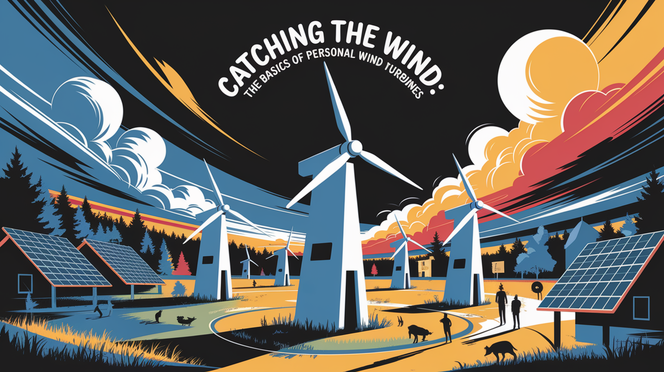A conceptual illustration representing Catching the Wind: The Basics of Personal Wind Turbines. Visualize the main ideas: . Creative but clear representation of the concept. Style: Visual Theme: Clean, modern aesthetic with high contrast and vibrant energy. Emphasize the intersect. high quality, detailed, professional, clean composition, good lighting, sharp focus, well-composed. high quality, professional, detailed, well-composed