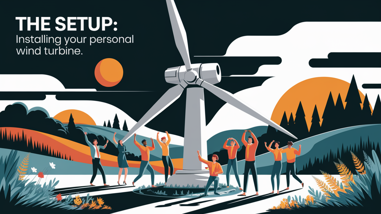 A conceptual illustration representing The Setup: Installing Your Personal Wind Turbine. Visualize the main ideas: . Creative but clear representation of the concept. Style: Visual Theme: Clean, modern aesthetic with high contrast and vibrant energy. Emphasize the intersect. high quality, detailed, professional, clean composition, good lighting, sharp focus, well-composed. high quality, professional, detailed, well-composed