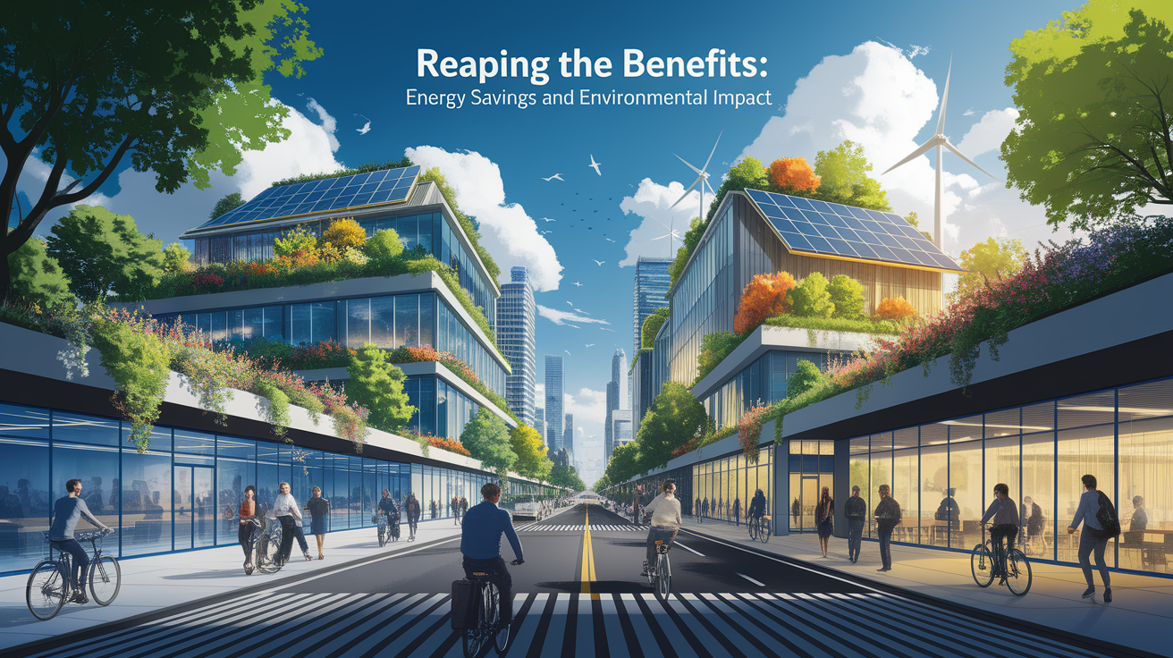 A conceptual illustration representing Reaping the Benefits: Energy Savings and Environmental Impact. Visualize the main ideas: . Creative but clear representation of the concept. Style: Visual Theme: Clean, modern aesthetic with high contrast and vibrant energy. Emphasize the intersect. high quality, detailed, professional, clean composition, good lighting, sharp focus, well-composed. high quality, professional, detailed, well-composed