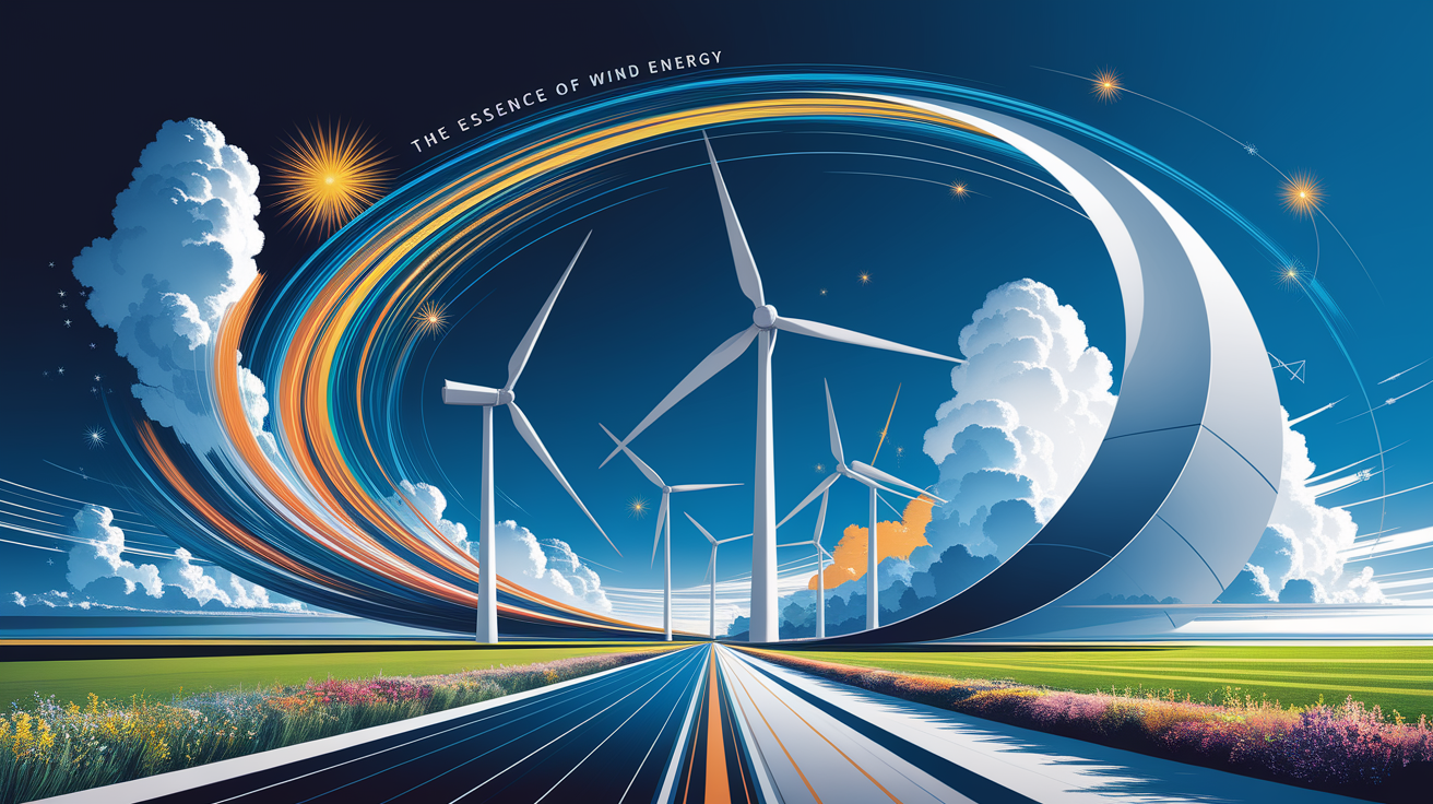 A conceptual illustration representing The Essence of Wind Energy. Visualize the main ideas: . Creative but clear representation of the concept. Style: Visual Theme: Clean, modern aesthetic with high contrast and vibrant energy. Emphasize the intersect. high quality, detailed, professional, clean composition, good lighting, sharp focus, well-composed. high quality, professional, detailed, well-composed
