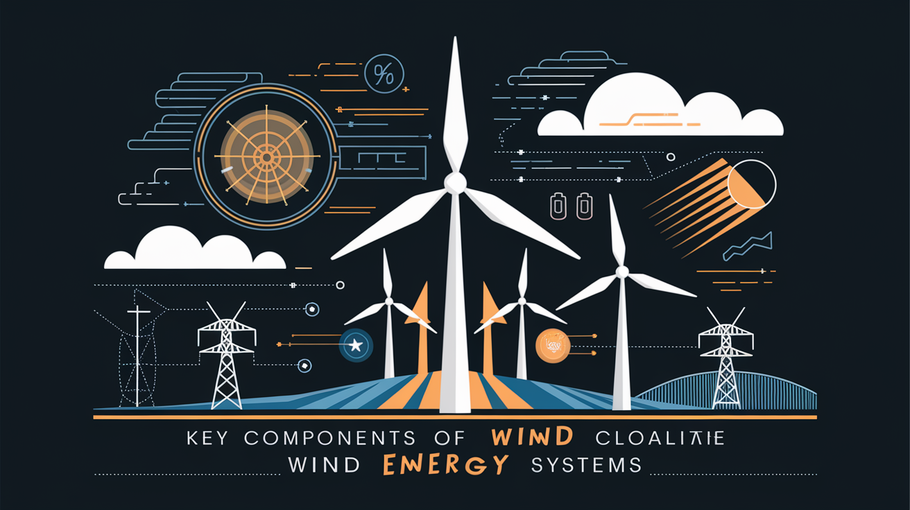A conceptual illustration representing Key Components of Wind Energy Systems. Visualize the main ideas: . Creative but clear representation of the concept. Style: Visual Theme: Clean, modern aesthetic with high contrast and vibrant energy. Emphasize the intersect. high quality, detailed, professional, clean composition, good lighting, sharp focus, well-composed. high quality, professional, detailed, well-composed