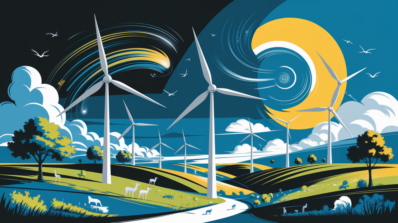 A conceptual illustration representing Benefits of Wind Energy. Visualize the main ideas: . Creative but clear representation of the concept. Style: Visual Theme: Clean, modern aesthetic with high contrast and vibrant energy. Emphasize the intersect. high quality, detailed, professional, clean composition, good lighting, sharp focus, well-composed. high quality, professional, detailed, well-composed