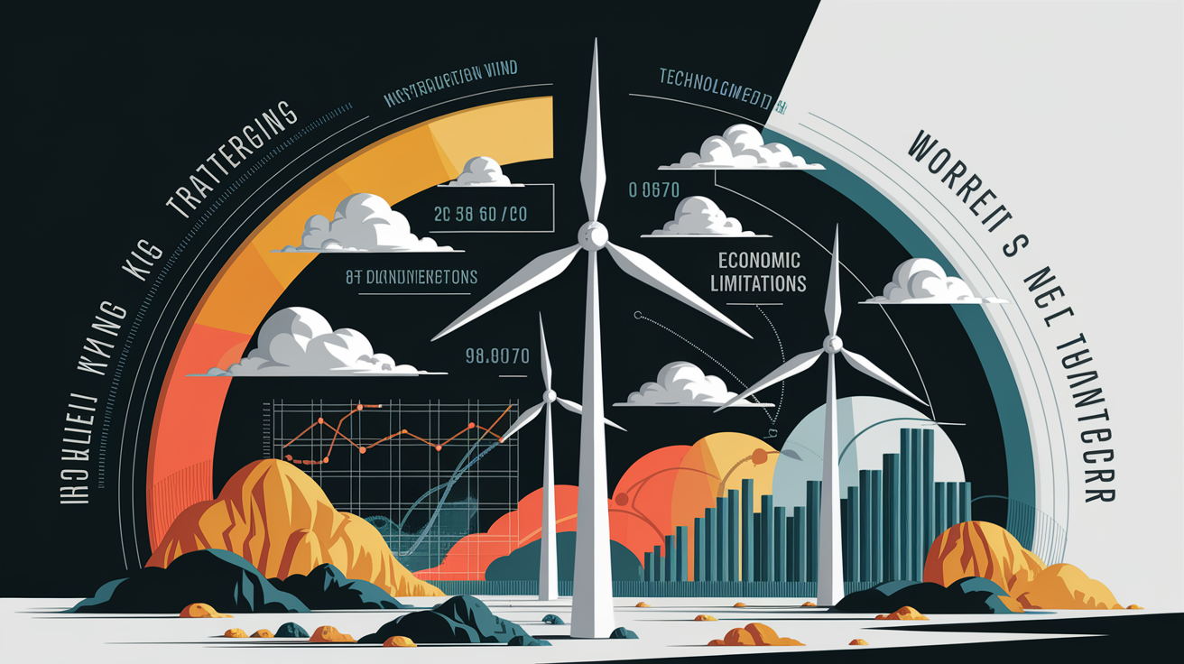 A conceptual illustration representing Challenges in Wind Energy. Visualize the main ideas: . Creative but clear representation of the concept. Style: Visual Theme: Clean, modern aesthetic with high contrast and vibrant energy. Emphasize the intersect. high quality, detailed, professional, clean composition, good lighting, sharp focus, well-composed. high quality, professional, detailed, well-composed